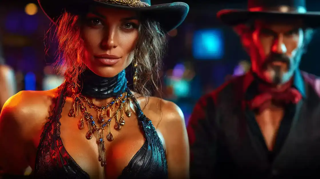 Western-themed live casino featuring woman dealer in cowboy hat