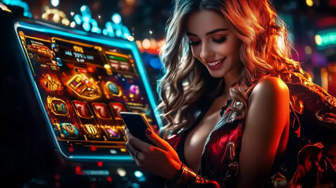 Woman playing mobile live casino games on smartphone