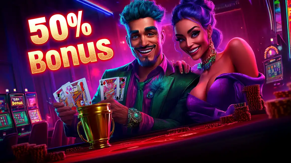 Happy couple celebrating 50% casino bonus offer at Premier Bet