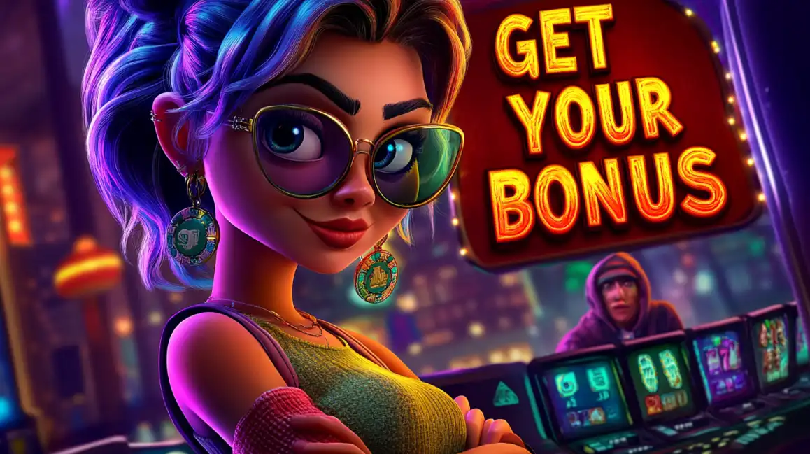 Stylish woman with glasses promoting get your bonus offer at Premier Bet casino