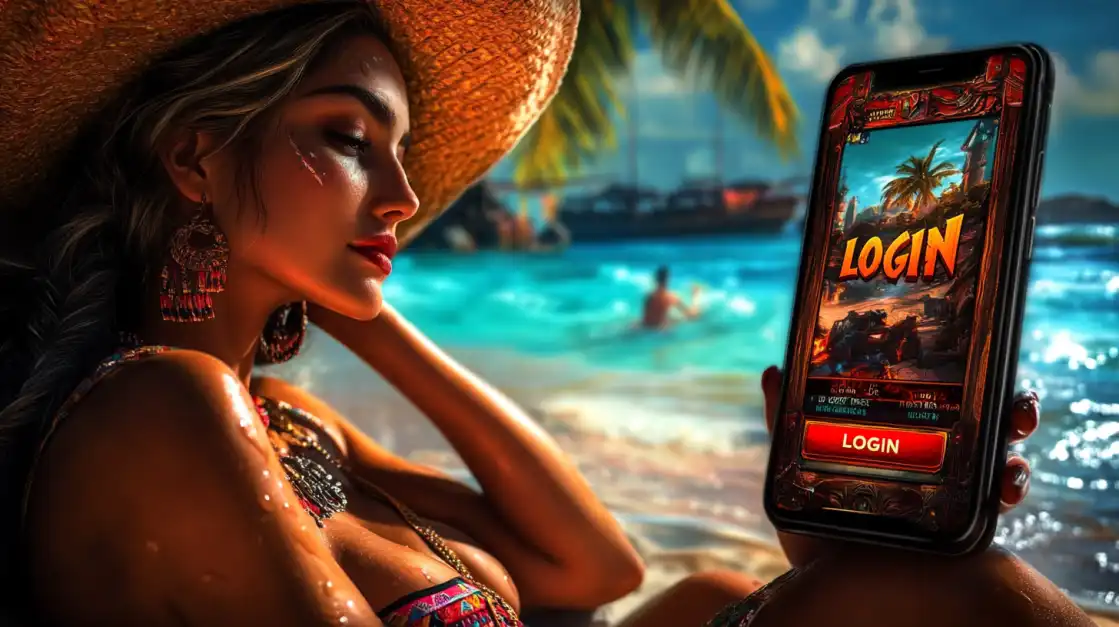 Woman enjoying tropical beach casino gaming experience after Premier Bet login