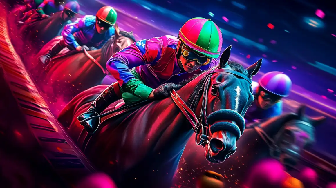 Horse racing jockeys in action with Premier Bet casino betting opportunities