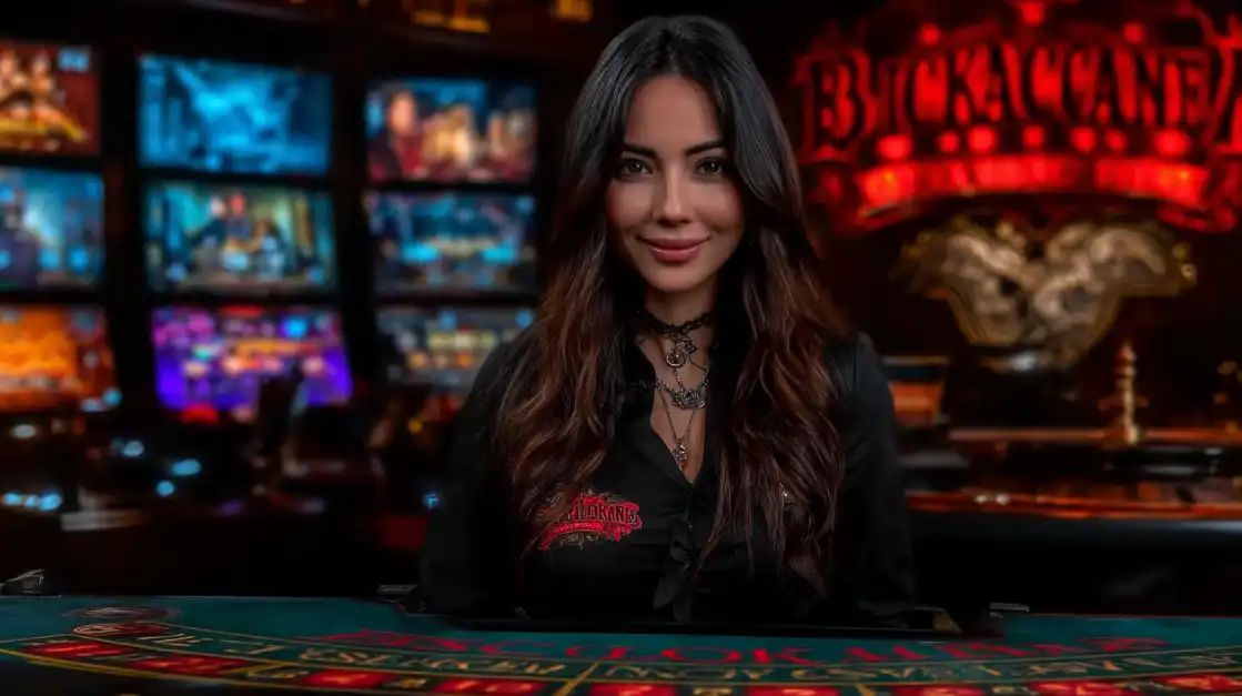 Professional female casino dealer on premium gaming floor, representing Premier Bet VIP Club excellence